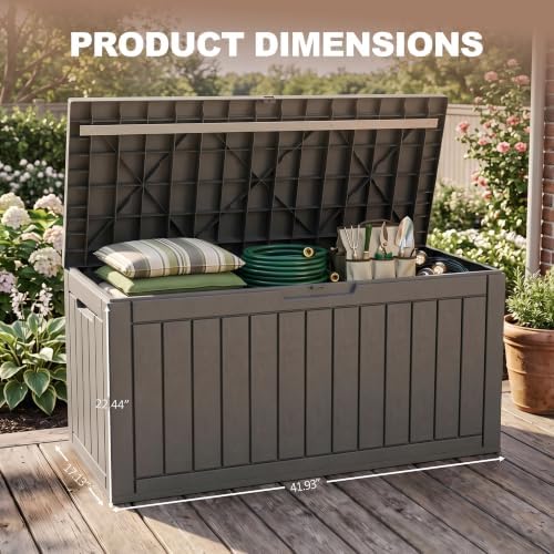110 Gallon Deck Box, Lockable Waterproof Resin Outdoor Storage Box, Weatherproof Container for Garden Tools, Indoor Cushions & Outside Accessories (Grey) - Image 2