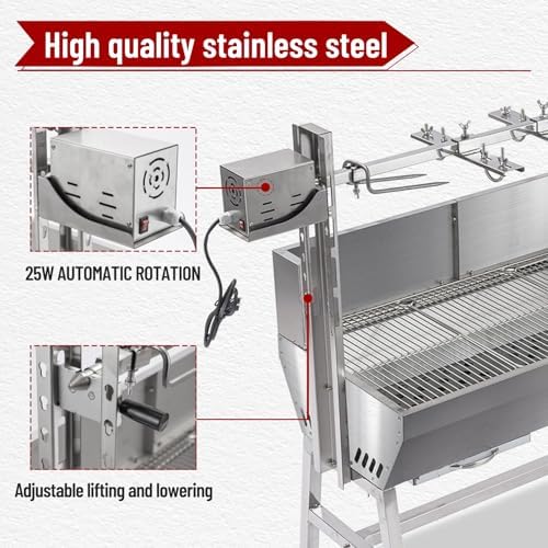 37" Electric Rotisserie Grill, Pig Lamb Spit Roaster Stand Rotisserie 132 Lbs Capacity With Adjustable Height, BBQ Charcoal Rotisserie Grill Kit Stainless Steel For Outdoor Party Camping - Image 6
