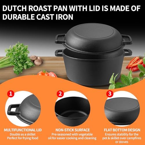 Vivicreate 5 QT Cast Iron Dutch Oven 2 in 1 Pre Seasoned with Skillet Lid Oven Safe Campfire Baking Sourdough Bread Camping Cookware Ollas de Hierro Fundido Para Cocinar Olla de Cocina Grande - Image 6