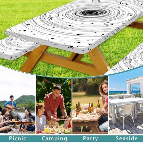Picnic Table Cover with Bench Covers Camping Essentials Abstract Art Cosmic Vortex Pattern Waterproof Oilproof Fitted Camping Tablecloth Cover with Elastic Edge for Indoor Outdoor 3 PCS 30x96 Inch - Image 3
