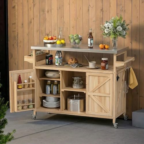 Outdoor Kitchen Island, Rolling Bar Cart & Storage Cabinet, Farmhouse Solid Wood Outdoor Grill Table with Stainless Steel Top, Spice Rack, Towel Rack for Kitchen & Barbecue, Natural by Andehomy