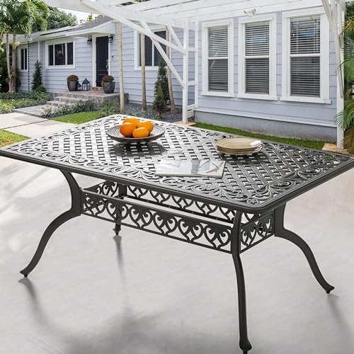 NUU GARDEN 60" Outdoor Dining Table with 2.09" Umbrella Hole, All Weather Cast Aluminum Outdoor Patio Table, 6-8 Person Rectangle Dining Table, Backyard Bistro Table for Garden, Poolside, Black by NUUGARDENCORPORATION