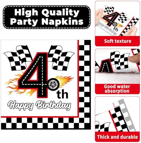 96Pcs Racing Car 4th Birthday Party Paper Plates and Napkins for Need Four Speeed Dessert Cake Plate Disposable Decor Racing Checkered Flag Tableware for Boy Kids Race Car 4 Years Birthday Decorations - Image 4