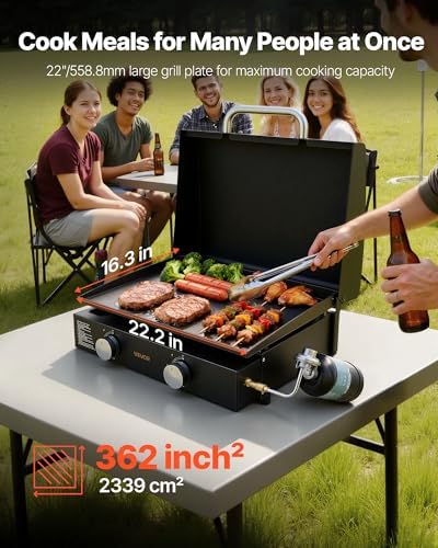 VEVOR Gas Griddle, 2 Burner Tabletop Griddle, 22 inch Portable Griddles Propane with Lid, Oil Drain Hole & Oil Collection Tray, 22000BTU Camping Flat Top Grill for Outdoor Cooking, Tailgating - Image 3
