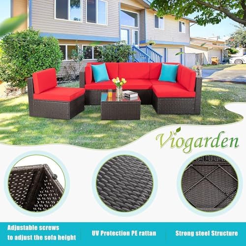 Vongrasig 7 Piece Patio Furniture Sets with 45 Inch Fire Pit Table All Weather PE Wicker Rattan Outdoor Sectional Sofa Couch Conversation Set w/Glass Table for Lawn, Garden, Backyard (Red) - Image 5