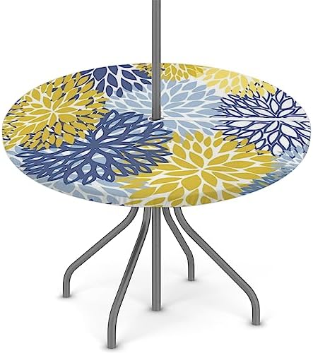 Fitted Round Tablecloth with Umbrella Hole and Zipper Spring Floral Outdoor Elastic Table Cloth 36"-44" Oil-Proof Waterproof Yellow Navy Chrysanthemum Patio Table Cover for Picnic Party by GzLeyigouHomeKitchen
