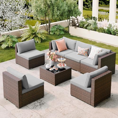 Qsun 7 Pieces Outdoor Patio Furniture Set, PE Rattan Outdoor Wicker Sectional Furniture Sofa Set, with Cushions and Glass Coffee Table, for Balcony, Porch, Garden, Grey by Qsun