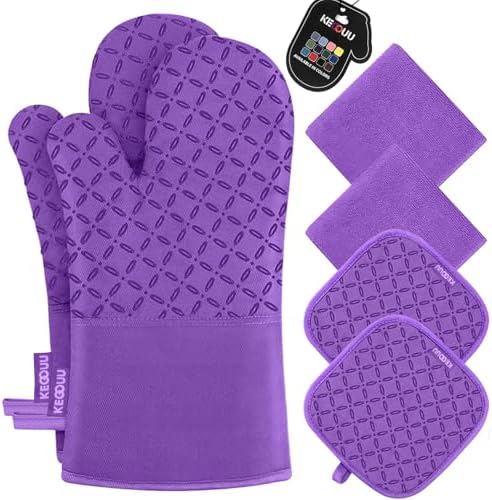 KEGOUU Oven Mitts and Pot Holders 6pcs Set, Kitchen Oven Glove High Heat Resistant 500 Degree Extra Long Oven Mitts and Potholder with Non-Slip Silicone Surface for Cooking (Purple) by KEGOUUOvenMitt
