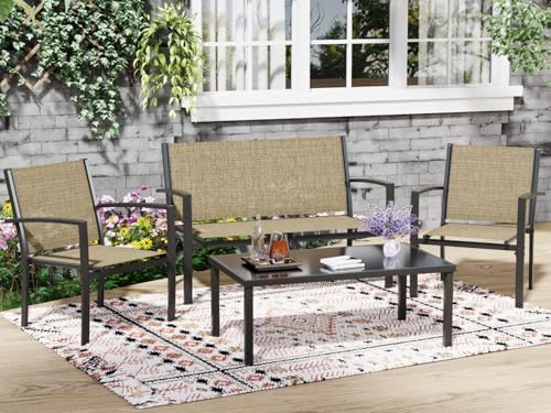 Greesum 4 Pieces Patio Furniture Set, Outdoor Conversation Sets for Patio, Lawn, Garden, Poolside with A Glass Coffee Table, Beige - Image 3