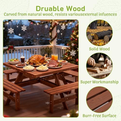 6-8 Person Square Picnic Table with Umbrella Hole Waterproof & Sturdy Cross StructureOutdoor Camping Wooden Dining Tables Set for Backyard Garden Camping Easy Clean,46.1",Brown - Image 6