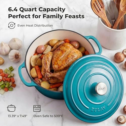 Zulay Kitchen 6.4QT Enameled Cast Iron Dutch Oven Pot with Lid, Heavy-Duty Soup Pot for Stews, Braising, Roasting & Sourdough Bread Baking, Oven Safe up to 500°F - Light Blue - Image 6