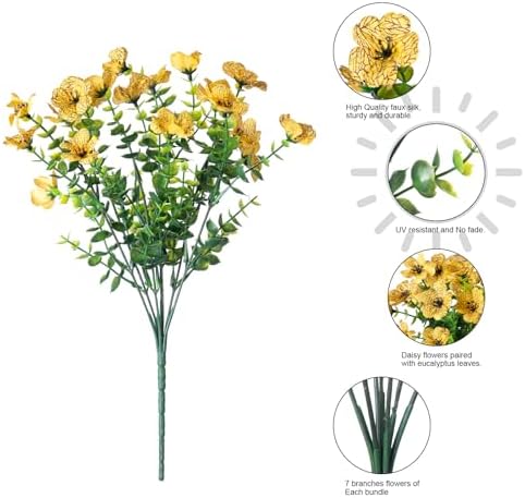 Daisy Artificial Flowers for Outdoors Decor, 12 Bundles Faux Daisy with Eucalyptus Fake Plants Greenery UV Resistant Look Real Colorful Faux Flowers for Outside Planter Porch Patio Gardens, Yellow - Image 6