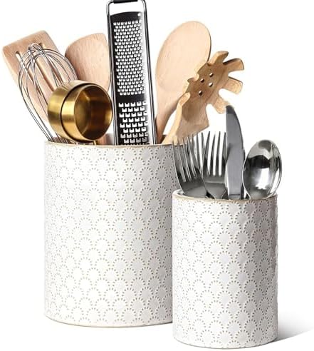 LE TAUCI Kitchen Utensil Holder for Countertop - 7.1"+5.4" Ceramic Utensil Crock Set of 2, Large Cooking Utensil Organizer for Spatula, Spoon, Whisk - Farmhouse Storage, Embossed, Fireworks by LETAUCI