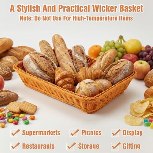 3-Piece Wicker Basket Set, Rectangular Rattan Trays for Serving Bread, Fruit, Vegetables & Snacks - Decorative Display for Kitchen, Restaurant, Home (Multiple Sizes) - Image 5