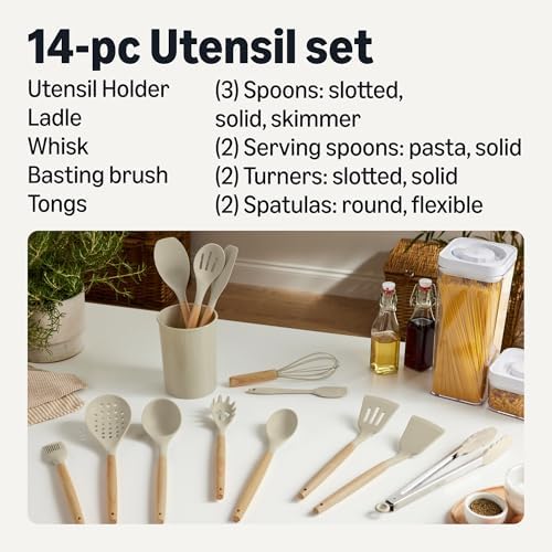 Amazon Basics Kitchen Utensils Set, 14-Piece Silicone Cooking Utensils with Wooden Handles, BPA-Free, Utensil Holder Included, Linen Gray - Image 2