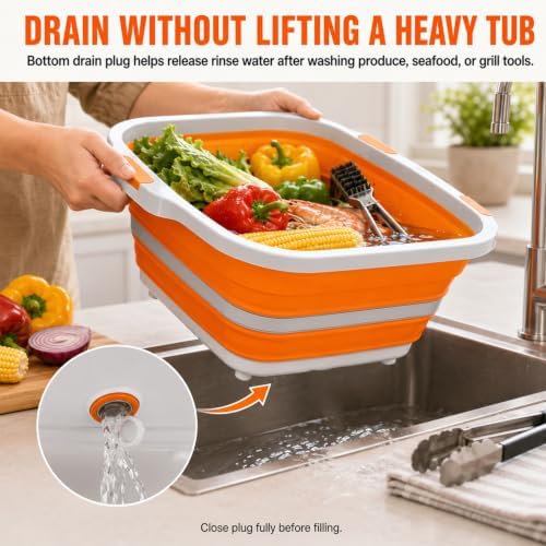 BBQ Prep Tub, 16L Orange Collapsible Wash Basin with Drain Plug - Image 2