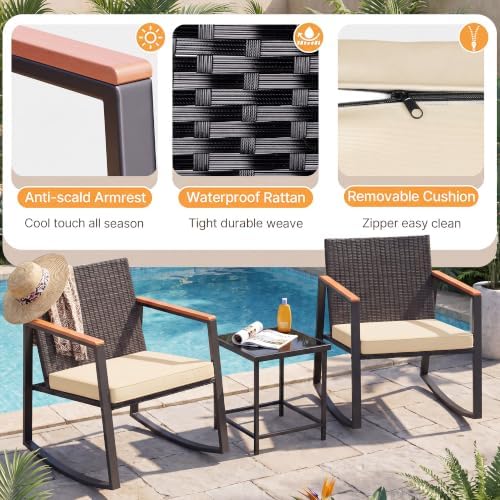 Gizoon 3 Pieces Rocking Patio Bistro Set with Anti-Scald Armrest - Image 4