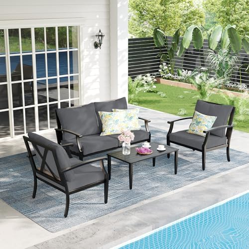4-Piece Patio Furniture Set, Wider Outdoor Metal Seating Sofa with High Back & Lovsest, Coffee Table, All Weather Conversation for Backyard, Poolside, Deck-Grey by OutdoorPatioFurnitureSet