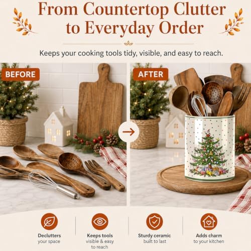 Christmas Tree Green Kitchen Utensil Holder, Xmas Winter Large Ceramic Utensil Holder For Countertop Organizer, 6.3'' Cooking Utensil Crocks Festivel Decor Utensil Storage Cup for Kitchen - Image 7