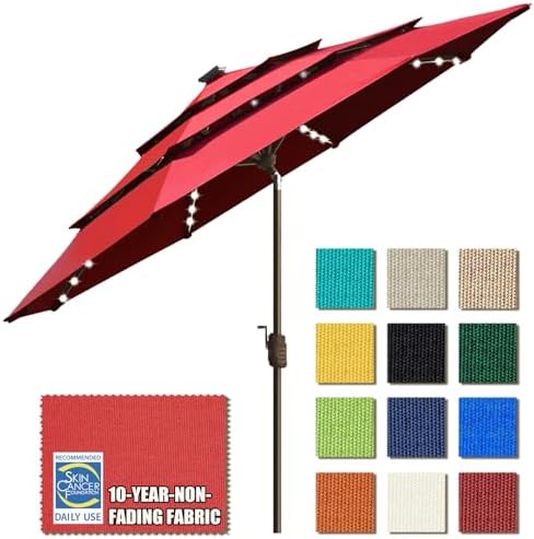 EliteShade USA 10-Year-Non-Fading 9ft 3-Tier Market Patio Umbrella, Commercial Table Umbrella with 80 Solar LED Lights, Crank Open, Windproof & UPF 50+ UV Protection for Garden, Deck, Pool, Backyard, Logo Red by EliteShade