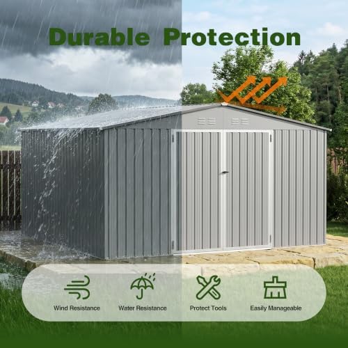 10 x 12 FT Outdoor Storage Shed, Heavy Duty Metal Shed with Lockable Double Door, Sloped Roof & Vents for Garden Backyard Lawn,Gray - Image 5