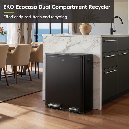 EKO EcoCasa 8+5 Gal (30+20L) Dual Trash Can for Kitchen, Large Stainless Steel Step-On Garbage Can, Trash and Recycle Bin Combo with Soft-Close Lids, Removable Color-Coded Inner Buckets, Matte Black - Image 3