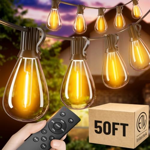 50FT Outdoor String Lights with Remote, Waterproof Patio Lights with 18+1 Shatterproof LED Bulbs,Dimmable Hanging Decor for Backyard Garden Porch Bistro, Timer & 3 Modes,2200K Warm White by AMZRAP