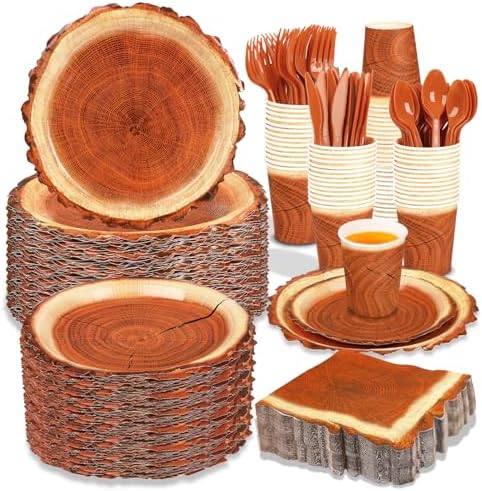 400 Pieces Camping Wood Grain Slice Party Supplies Set Paper Plate Cup Napkin for Camping Woodland Baby Shower Lumberjack Birthday Featuring a Round Wooden Slice Die Cut Edge Design Serve 50 by FULJOOY