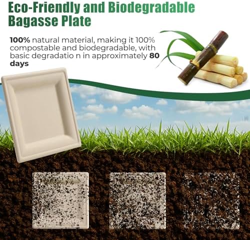 300Pcs Disposable Paper Plates Set, Compostable Plate Sugarcane Utensils Eco Friendly Dinnerware Kit Includes 50 Biodegradable Plates, Forks, Knives Napkins and Spoons for Brithday Party Camping - Image 6