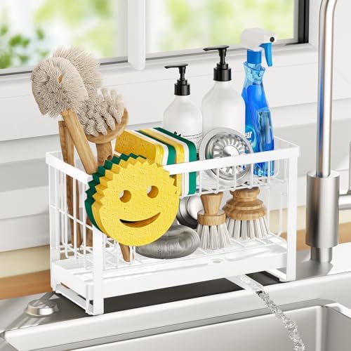 Sponge Holder for Kitchen Sink with Flexible Smiley Face, 2 Tier Kitchen Sink Organizer, Countertop and Storage Essentials, Soap Dispenser Organizer, Home Decor Accessories - White by Taugast