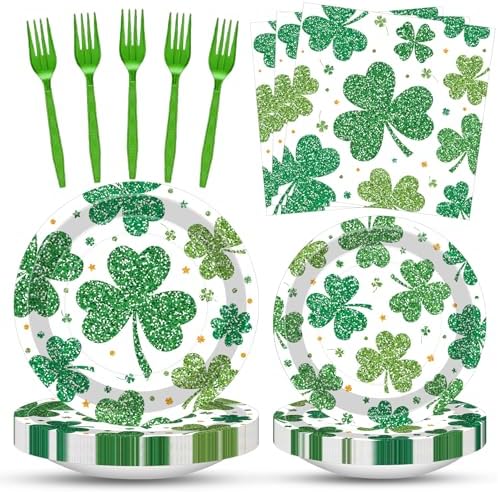 100 Pcs St. Patrick’s Day Shamrock Tableware Party Supplies Set, Serves 25 – Disposable Green Clover Paper Plates, Napkins, and Forks for Irish Celebration, Lucky Party, or Spring Festival Decorations by Merriva