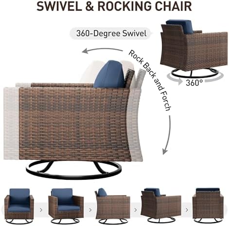 UDPATIO Patio Furniture Set with Fire Pit Table, Rocking Swivel Chairs, 5 Pieces Outdoor Furniture Sets, All-Weather Wicker Outdoor Sectional Sofa with Waterproof Cover, 4'' Thickened Cushion, Navy - Image 4