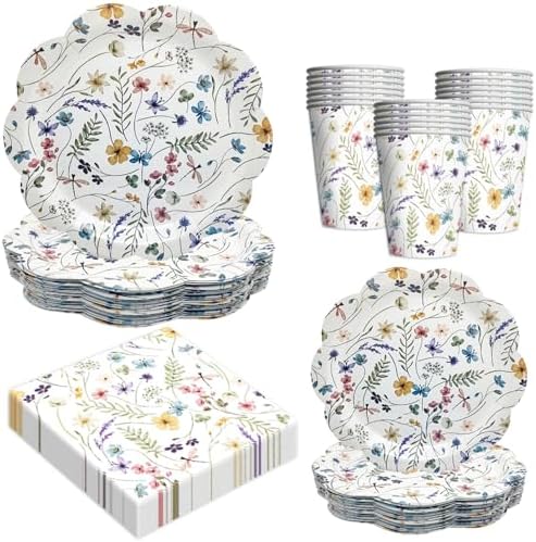 100Pcs Wildflower Party Supplies Floral Wedding Birthday Decoration Include Wildflower Scalloped Paper Plates Napkins and Cups for Picnic Wedding Baby Shower Tea Party Decor Serve 25 (Scalloped) by GOGUOGOFA