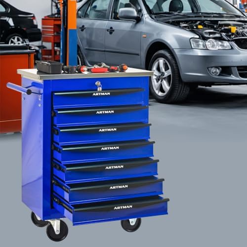7-Drawer Heavy-Duty Rolling Tool Chest with Wheels & Steel Roof, Lockable Tool Chest Storage Cabinet for Garage, Workshop, Warehouse, and Repair Shop - Image 2