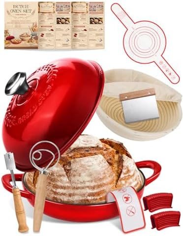 Dutch Oven Bread Baking Pot with Lid 6QT Enameled Cast Iron Oven, Gradient Red Design & Complete Sourdough Kit (Banneton Basket, Dough Tools, Silicone Sling) for Artisan Bread Making by Unknown