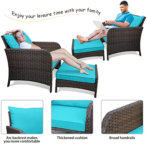 LEVELEVE Balcony Furniture 5 Piece Patio Conversation Set, PE Wicker Rattan Outdoor Lounge Chairs with Soft Cushions 2 Ottoman&Glass Table for Porch, Lawn-Brown Wicker - Image 5
