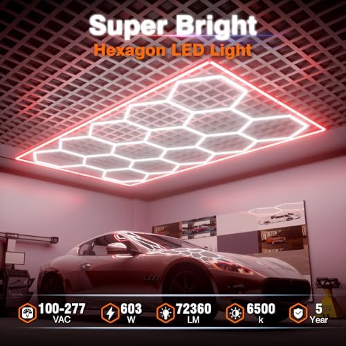 Hexagon Garage Lights, 14 Grids Hexagon LED Lights with Rectangle Frame, 603W 6500K Super Bright Honeycomb Light for Warehouse, Car Detailing Shop, Exhibition Hall, Gym(Red) - Image 2