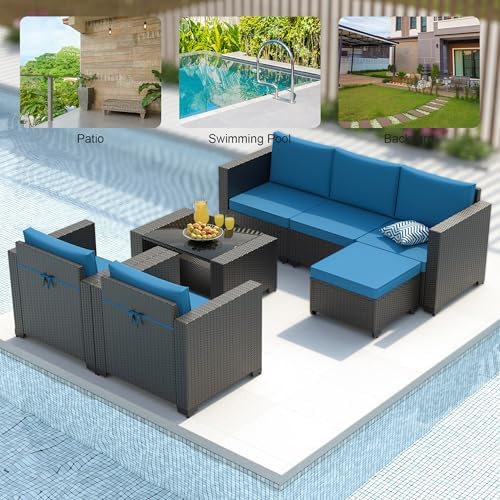 7PCS Patio Furniture Set, Outdoor Furniture All Weather Balcony Furniture with Thick Anti-Slip Cushions & Glass Table PE Rattan Patio Conversation Set for Backyard Garden (Peacock-Blue/XB, 7PCS) - Image 7