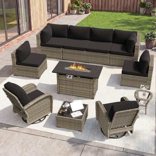 Aoxun 11 Piece Outdoor Patio Furniture Set with 44'' Fire Pit Table, Wicker Rattan Outdoor Furniture with High Back Swivel Rocker Chairs, Outdoor Sofa Set with Thick Cushion & Side Table, Black by Aoxun