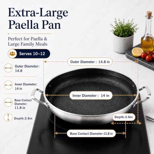 Yeksum Tri-Ply 14.5 Inch Stainless Steel Paella Pan,12 Servings Paella Pan with Lid,18/10 Nonstick Large Skillet,Jumbo Cooker,Induction Pan,Skillets,for Outdoors,Camping,Parties - Image 5