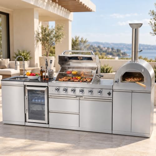 112" Modular Outdoor Kitchen,108,000 BTU Stainless Steel Natural Gas BBQ Grill with Built-In Pizza Oven,Side Burner,Rotisserie,Refrigerator,Granite Countertop,Storage Drawers & Cabinets. by Unknown