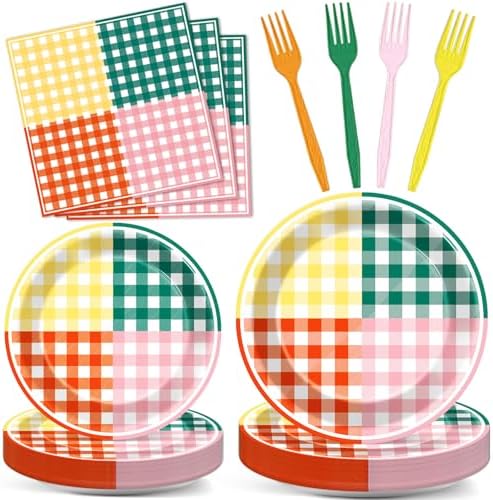 Lonfliness 96 Pcs Camp Checked Paper Plates and Napkins Checkered Bachelorette Party Supplies Checked Birthday Tableware Set Plaid Camping Themed Summer Party Favors Baby Bridal Shower Decor by Lonfliness