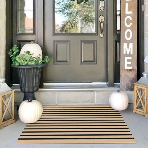 IOHOUZE 2x3 Striped Outdoor Door Mat, Washable Porch Rug, Tan Black by iOhouze