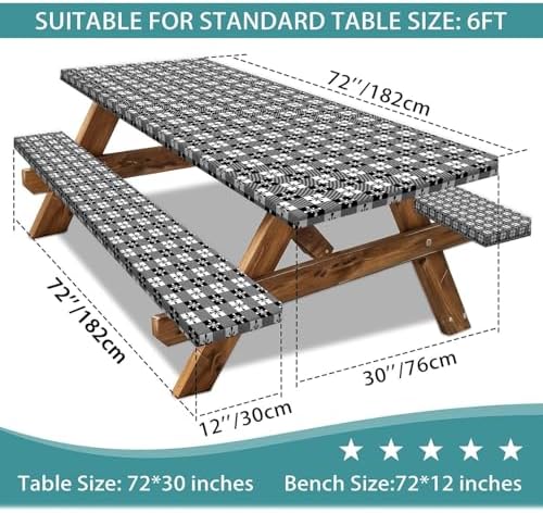 Picnic Table Cover with Bench Covers and Bag, Camping Essentials, Buffalo Plaid Waterproof and Windproof, Fitted Tablecloth Cover with Elastic Edge, for Outdoor, 3 PCS, (Black & White, 30"x72") - Image 2