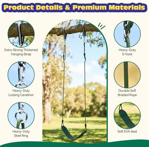 HeyZoo 2 Pack Heavy Duty Kids Swing Seat 330LBS, 79" Adjustable Rope, Green - Image 4