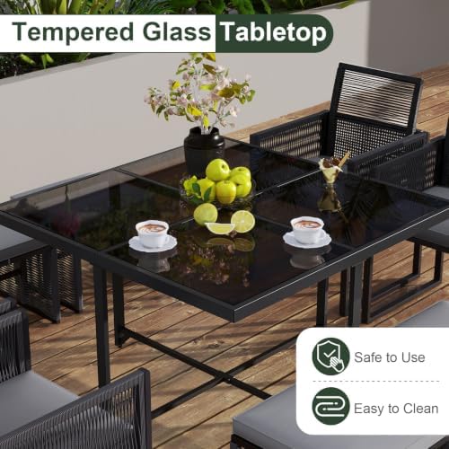 Tangkula 9 Pieces Patio Dining Set, Outdoor Space-Saving Furniture Set with PE Rattan Chairs, Tempered Glass Table and Ottomans, Outdoor Sectional Conversation Set with Cushions for Yard - Image 7