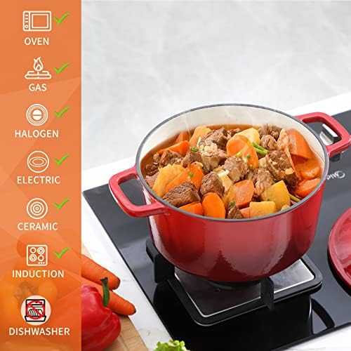 Velaze 6 QT Enameled Cast Iron Dutch Oven Pot with Lid, Red - Image 2