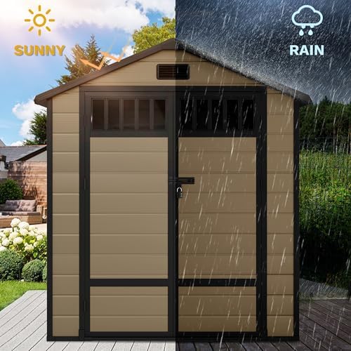 DWVO 6x4.4 FT Resin Storage Shed with Fence-Style and Side Windows, Lockable Door, and Vents Outdoor Storage Shed for Garden, Backyard, Patio, Lawn - Image 3