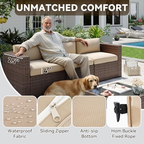Aoxun Patio Furniture Sets, 8-Piece Outdoor Patio Furniture with 44'' Propane Gas Firepit Table, Wicker Outdoor Conversation Set Sectional Sofa for Backyard, Poolside, Garden (Black Cushion) - Image 4