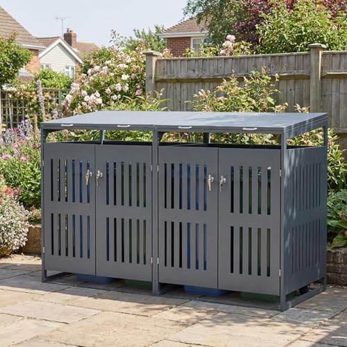 Goplus 44 Cu.Ft Outdoor Trash Can Storage, Garbage Can Hider Outdoor with 2 Lockable Doors Gas Struts & Shock Absorbers, Slant-roof Outdoor Storage for Patio, Backyards, Yard & Garden (52"x32"x49.5") - Image 2